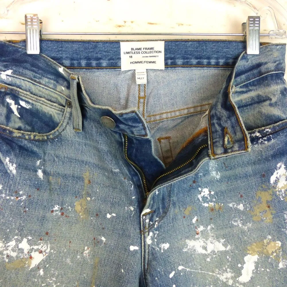 Frame X Jordan Barrett Paint Splatter Jeans W 25, M 27 Blue Zip Fly Grunge NWOT - Image 4
