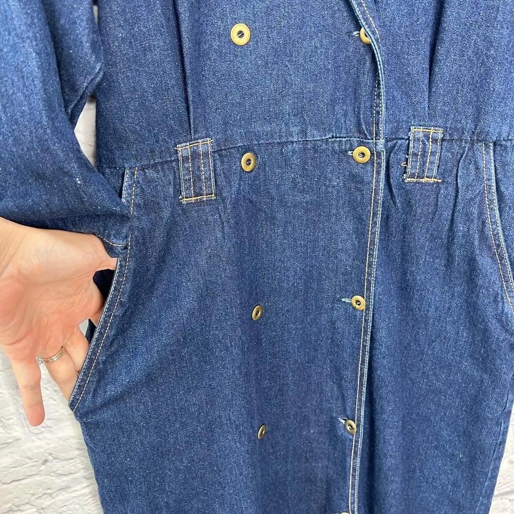 Vintage Denim Carina Dress Midi Trench Shirt Size 5/6 70s Double Breast Pockets Blue - Image 2