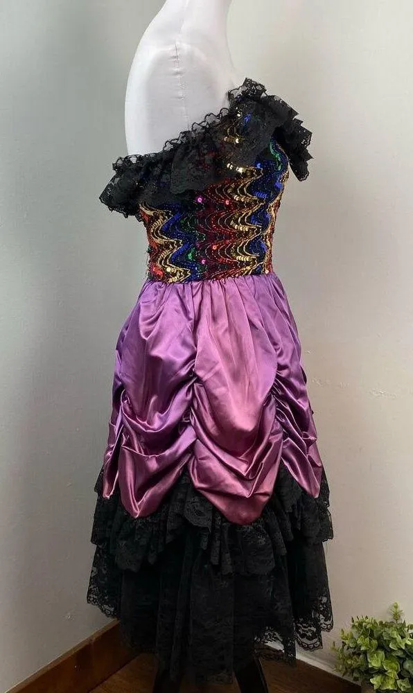 Vintage 80s Loralie Original Rainbow Sequin Lame’ Lace Saloon Girl Dress Gown XS - Image 5