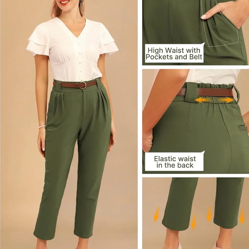 Belle Poque Olive Green High Rise Pleated Trousers Elastic Back Tailored Size M Size M - Image 9
