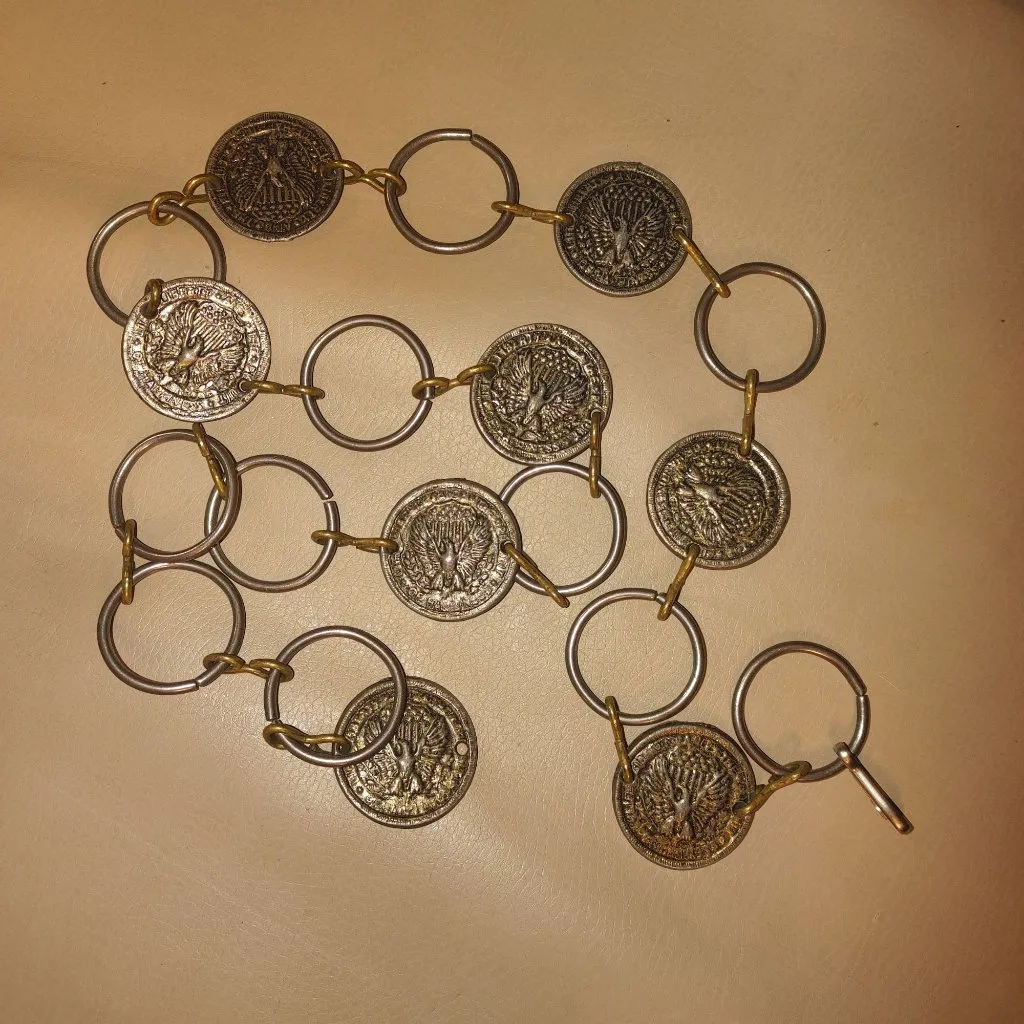 Coin Medallion Belt 40 Inch Adjustable Vintage Linked 2 Inch Rings Eagle Winged Gold - Image 11
