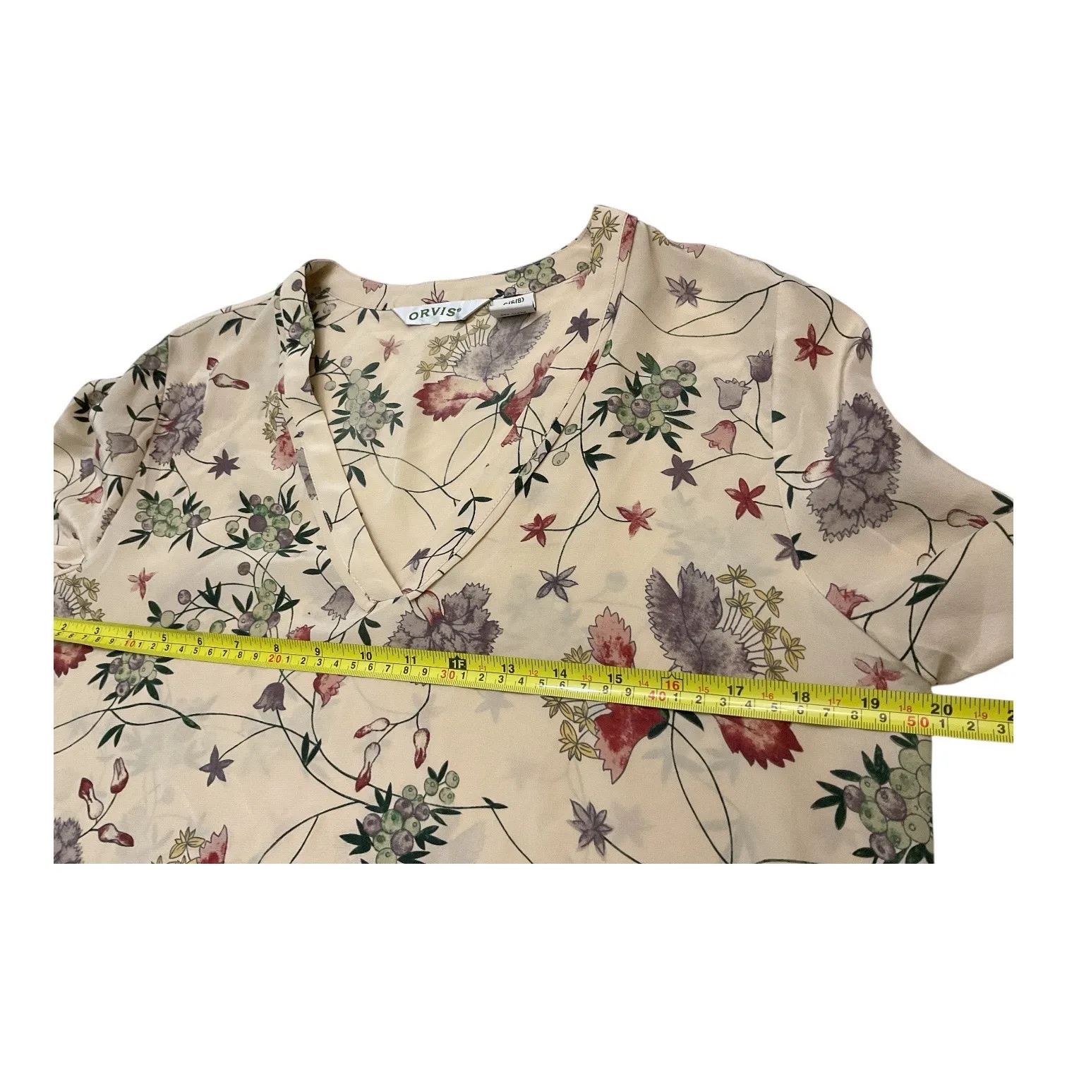 ORVIS Womens Beige Silk Floral Print Long Sleeve V Neck Blouse Top - Image 8