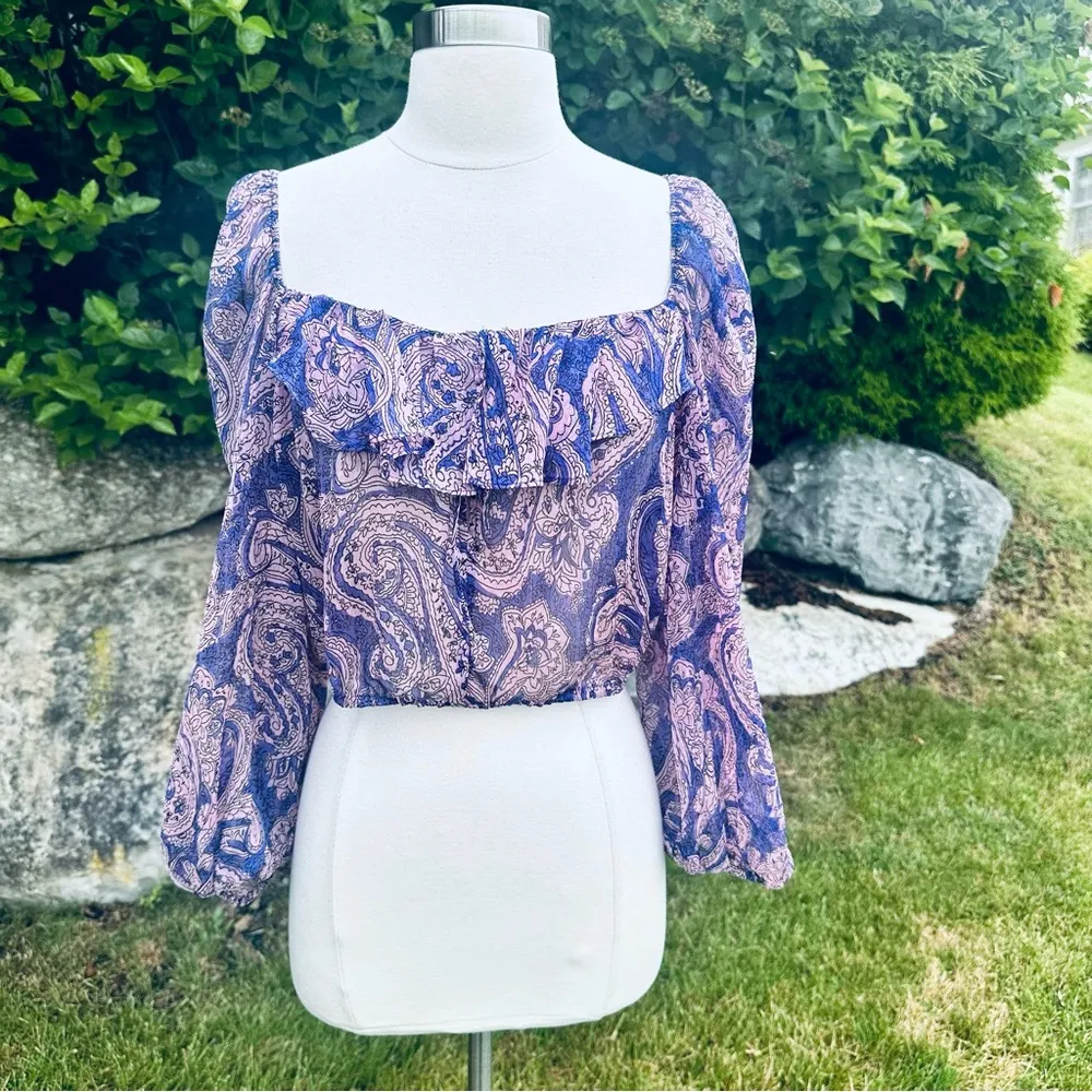 ZARA Purple Cropped Sheer Blouse Top Boho Indie Floral Mauve Ruffle - Image 5