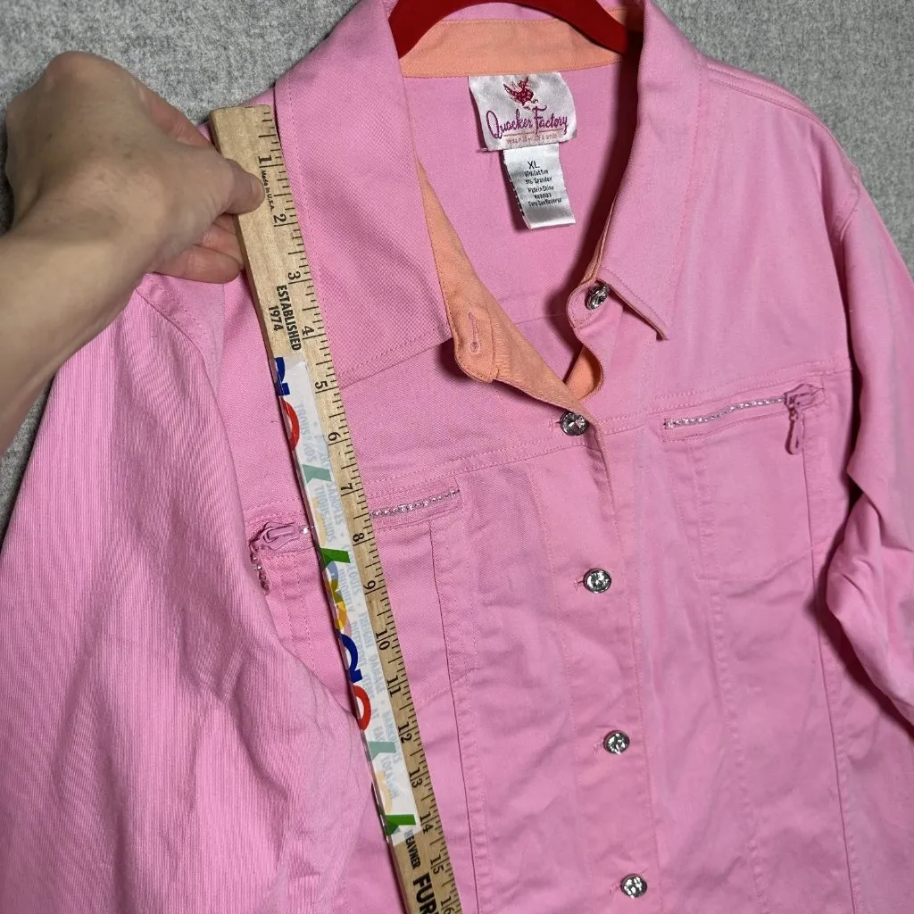 Quaker Factory XL Women Pink Jacket Button Long Sleeve Rhinestone Cotton Spandex - Image 7