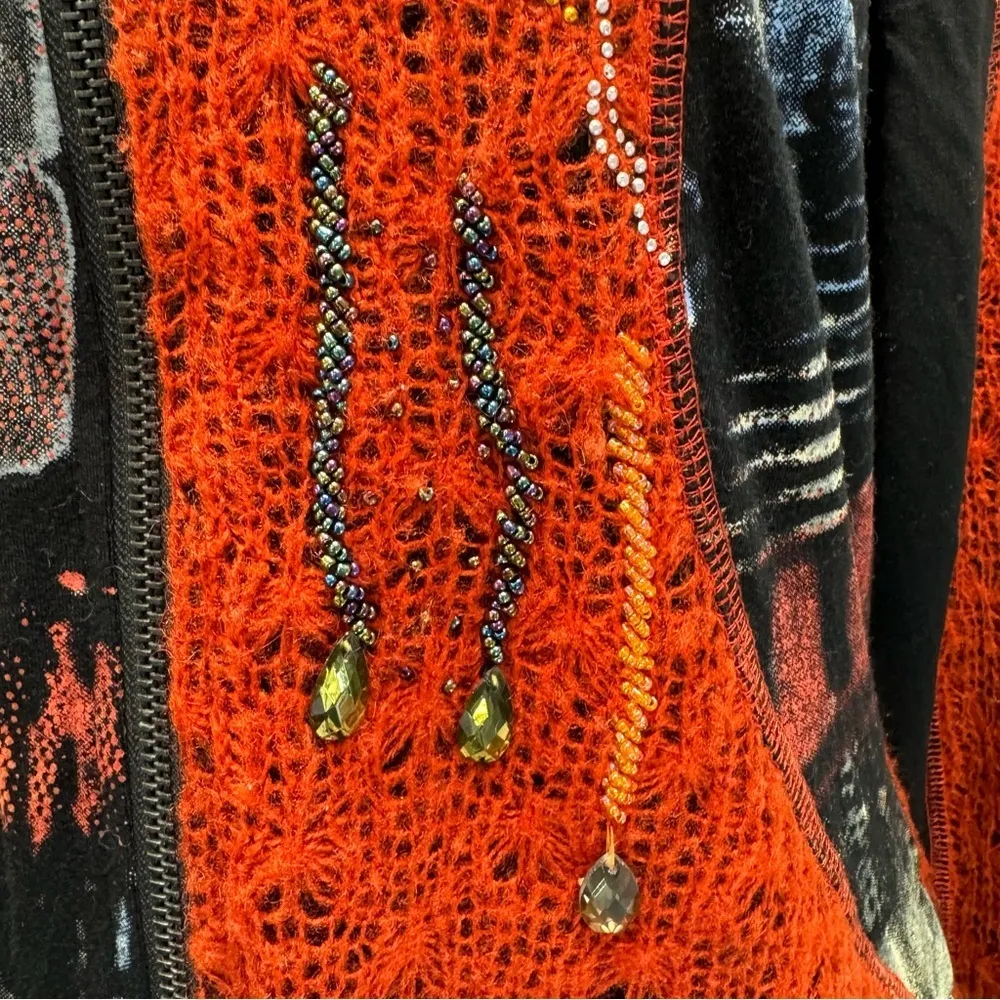Vintage Music Notes Mixed Media Rhinestones & Beaded Zip Front Cardigan by Adore Orange Size L - Image 10