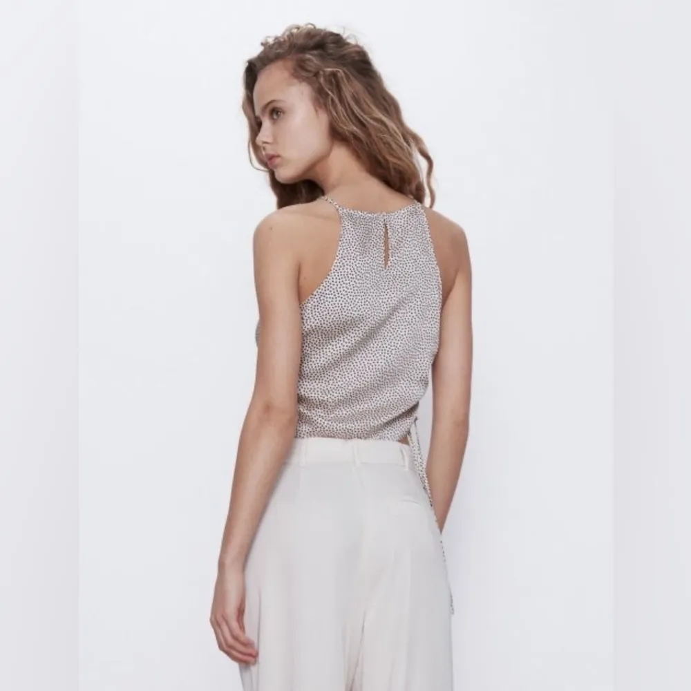 NWOT -  BEIGE SATIN POLKADOT CROP TOP WITH ADJUSTABLE STRINGS - Image 4