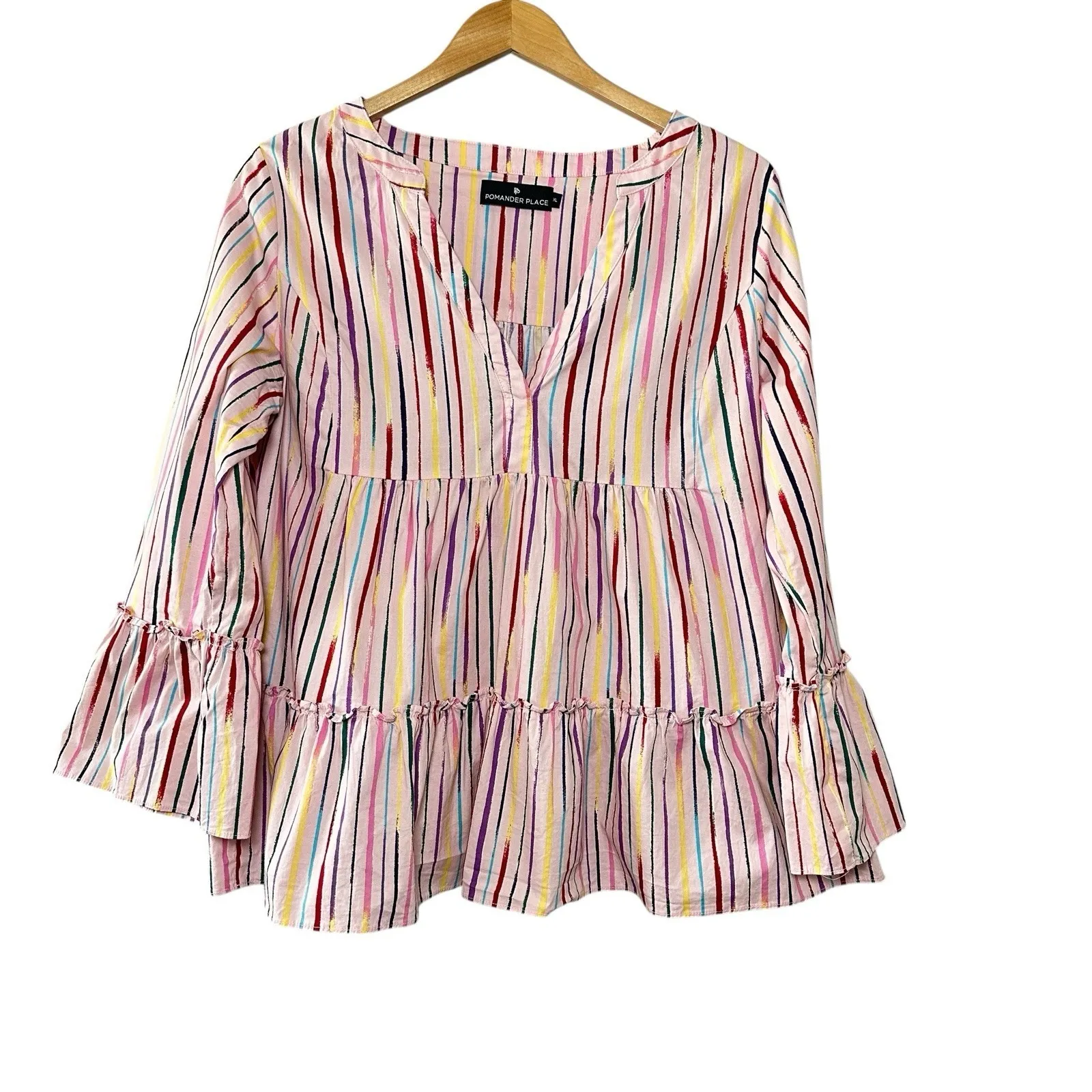 Pomander Place Bermuda Pink Sorbet Kenzo Top‎ XL Striped Long Sleeve Boho Blouse - Image 4