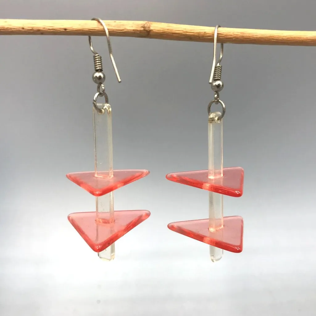 Vintage Acrylic Sculptural Abstract Dangle Earrings, Clear and Neon Pink OOAK - Image 3