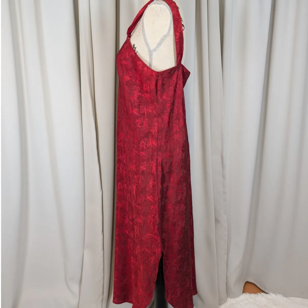 Vintage 90s Red Floral Jacquard Slip Dress Midi Maxi Private Luxuries USA L - Image 11