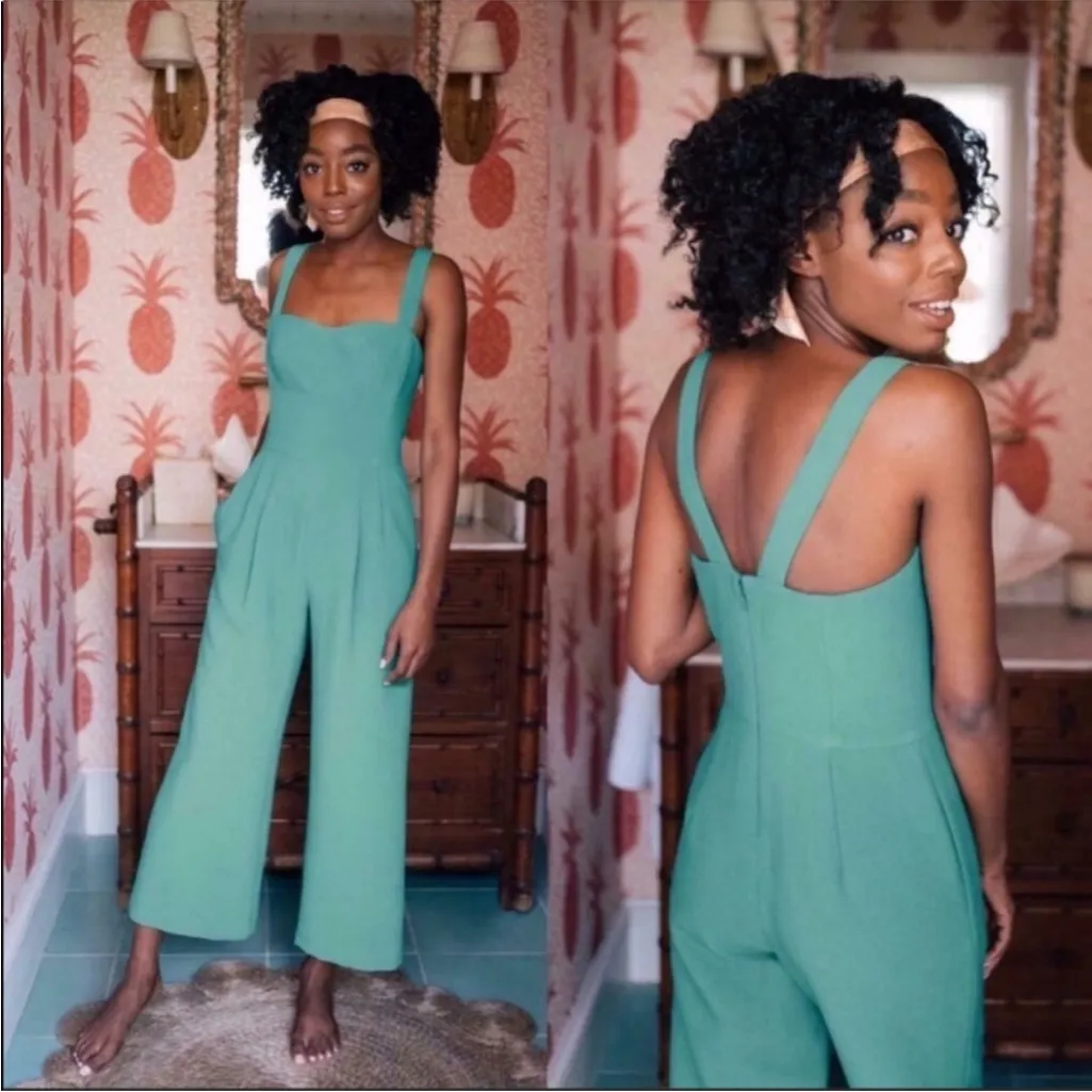 Gal Meets Glam Collection Nicole Sweetheart Square Neck Jumpsuit Green Wide Leg - Image 4