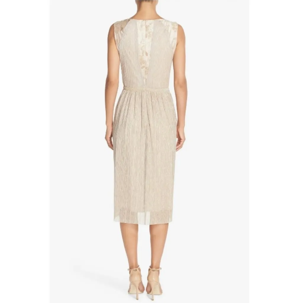 NEW Tahari Pleated Metallic Gold Jacquard Illusion Midi Dress Women's Size 16 - Image 2
