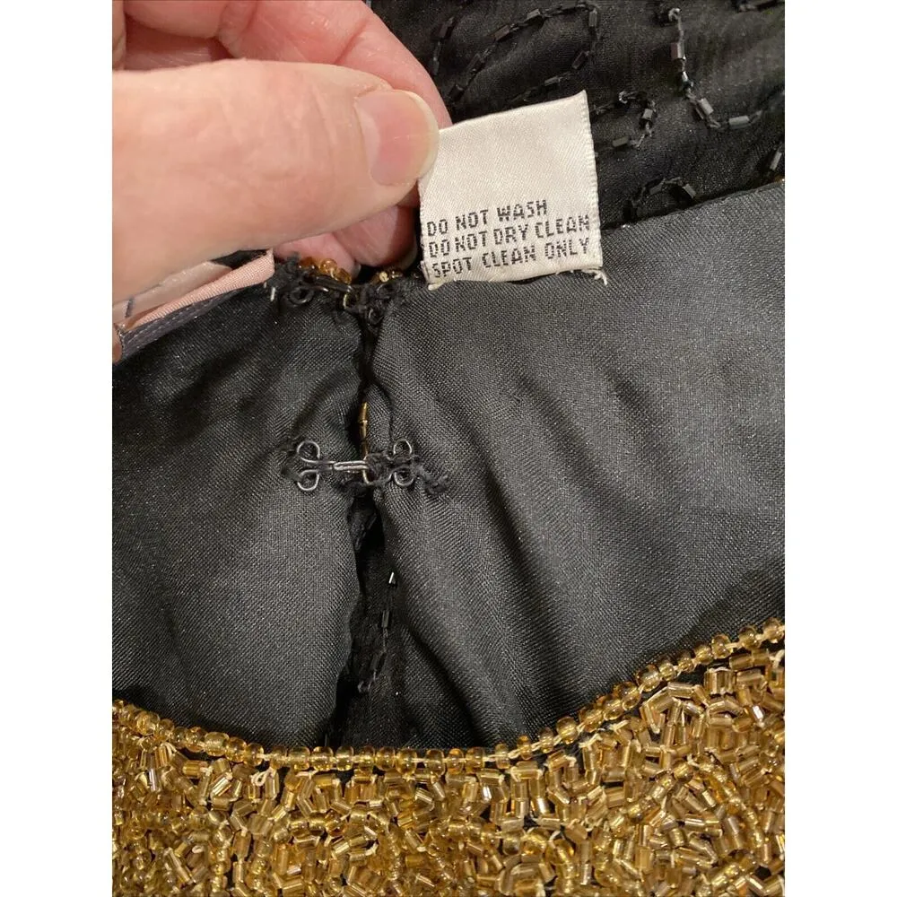 Laurence Kazar Vintage 100% Silk Lurex Fully Beaded Blouse Size Large Black Gold - Image 6