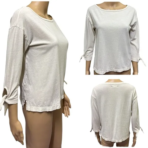 Madewell Cotton Linen Blend Tie Cuff 3 Quarter Sleeve Cream Boat Neck Tee Small - Image 2