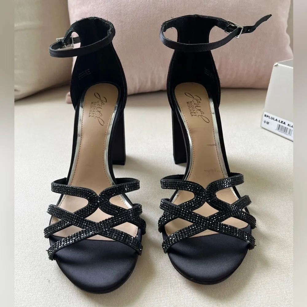 NWT Black sparkle cross cross strap satin thick heels Size 8 - Image 5
