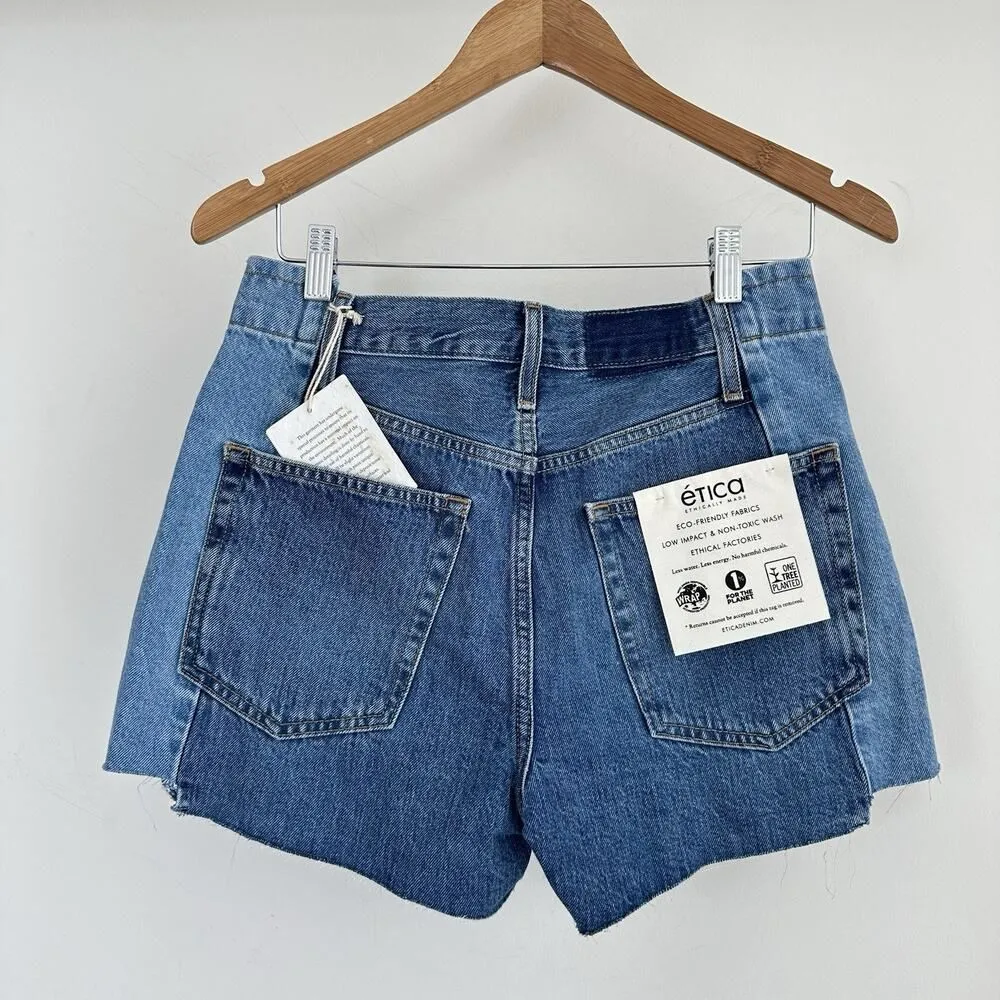 ETICA Shorts Womens 27 Jean Denim Cutoffs Two Tone Festival Boho Organic Ethical Blue - Image 2