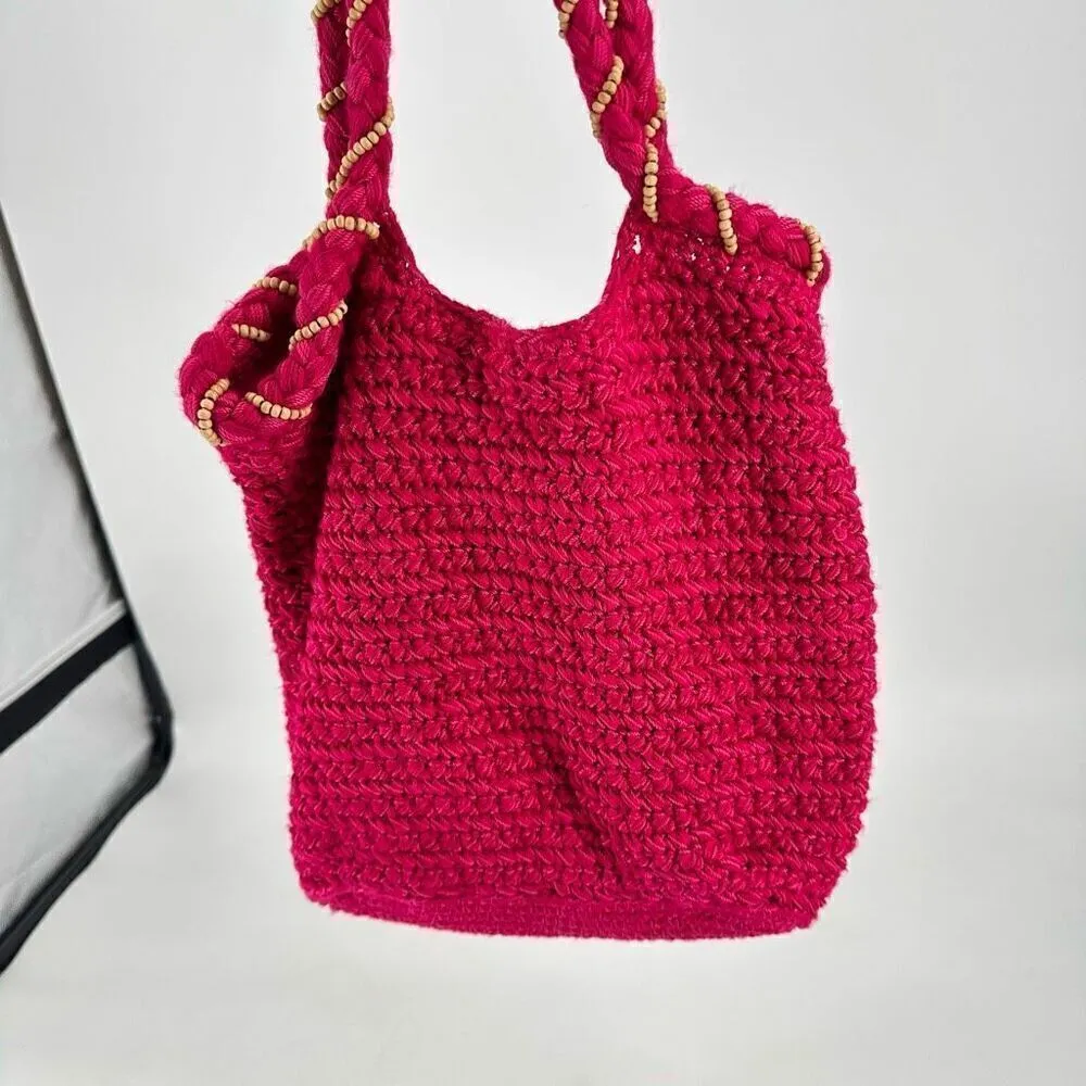 The Sak Women's Beaded Wrapped Handle knit Crochet Hobo Shoulder Bag Pink Small - Image 10
