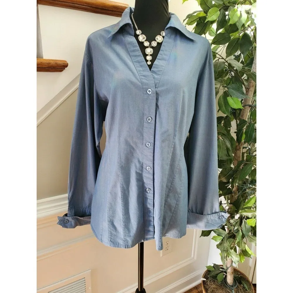Ashley Stewart Womens Blue Cotton Collared Long Sleeve Button Up Shirt Size 16W - Image 11