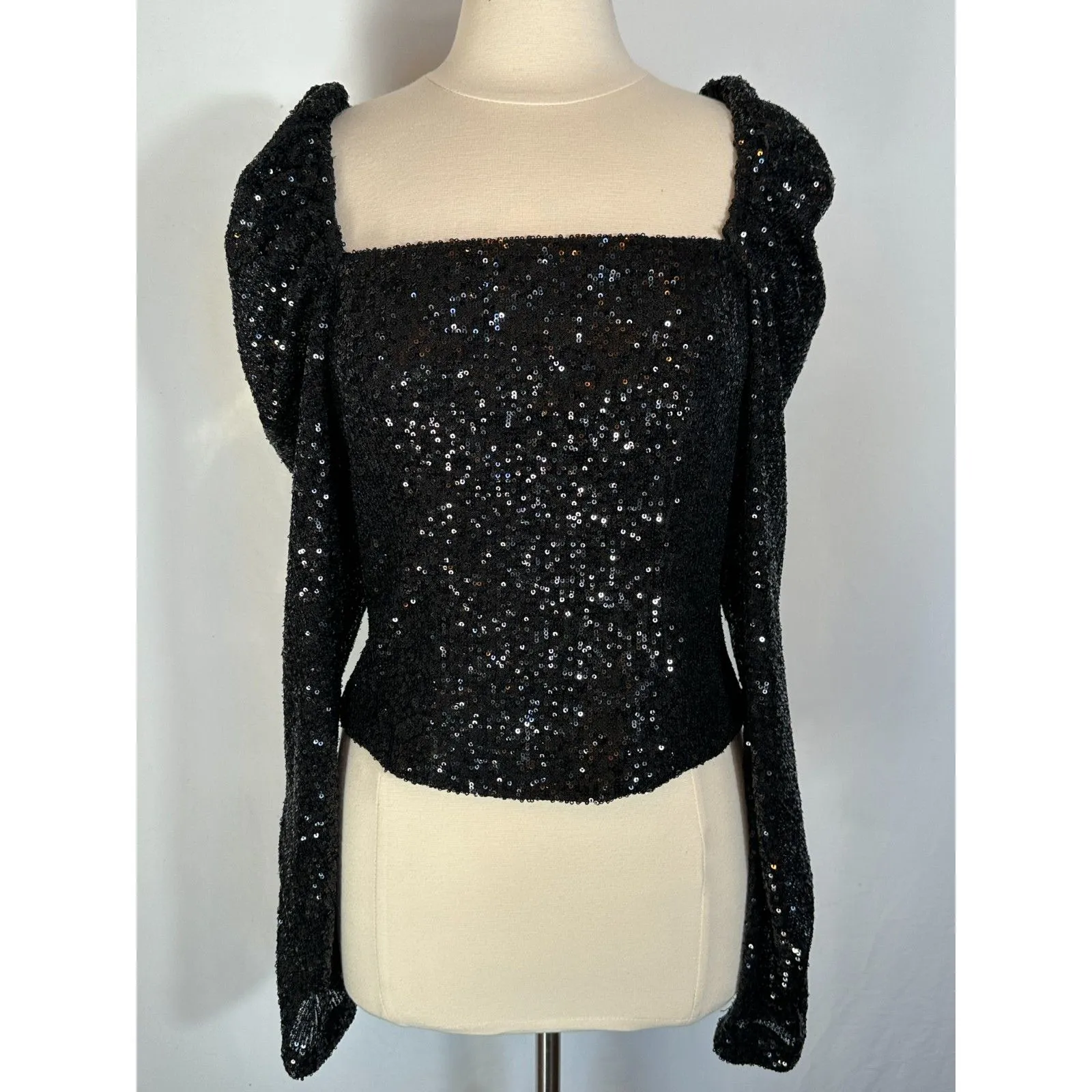 Ramy Brook Black Sequin Square Neck Puff Sleeve Long Sleeve Size 10 - Image 3