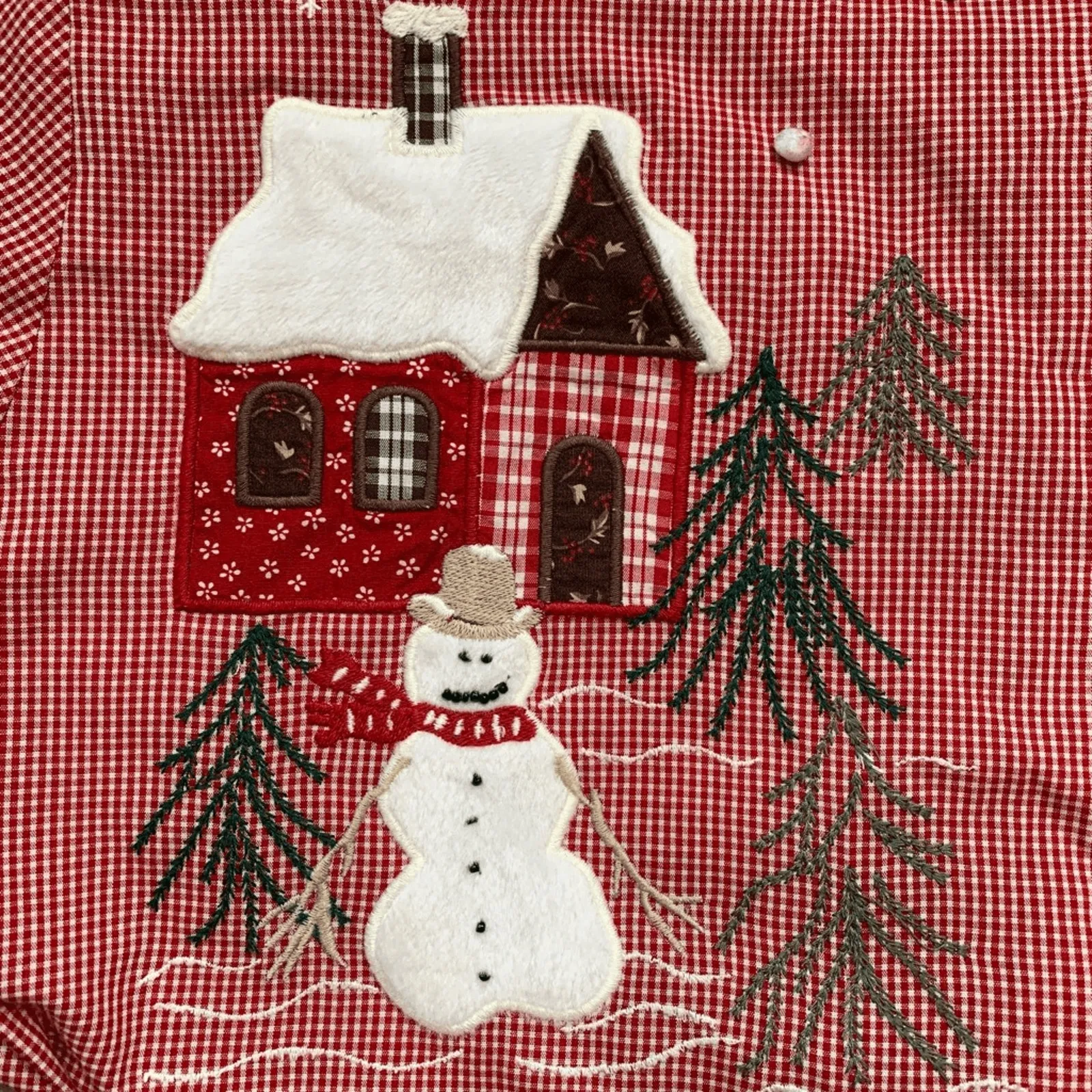 Vintage Karen Scott Red Gingham Christmas Shirt Snowman Reindeer Large Cabincore - Image 9