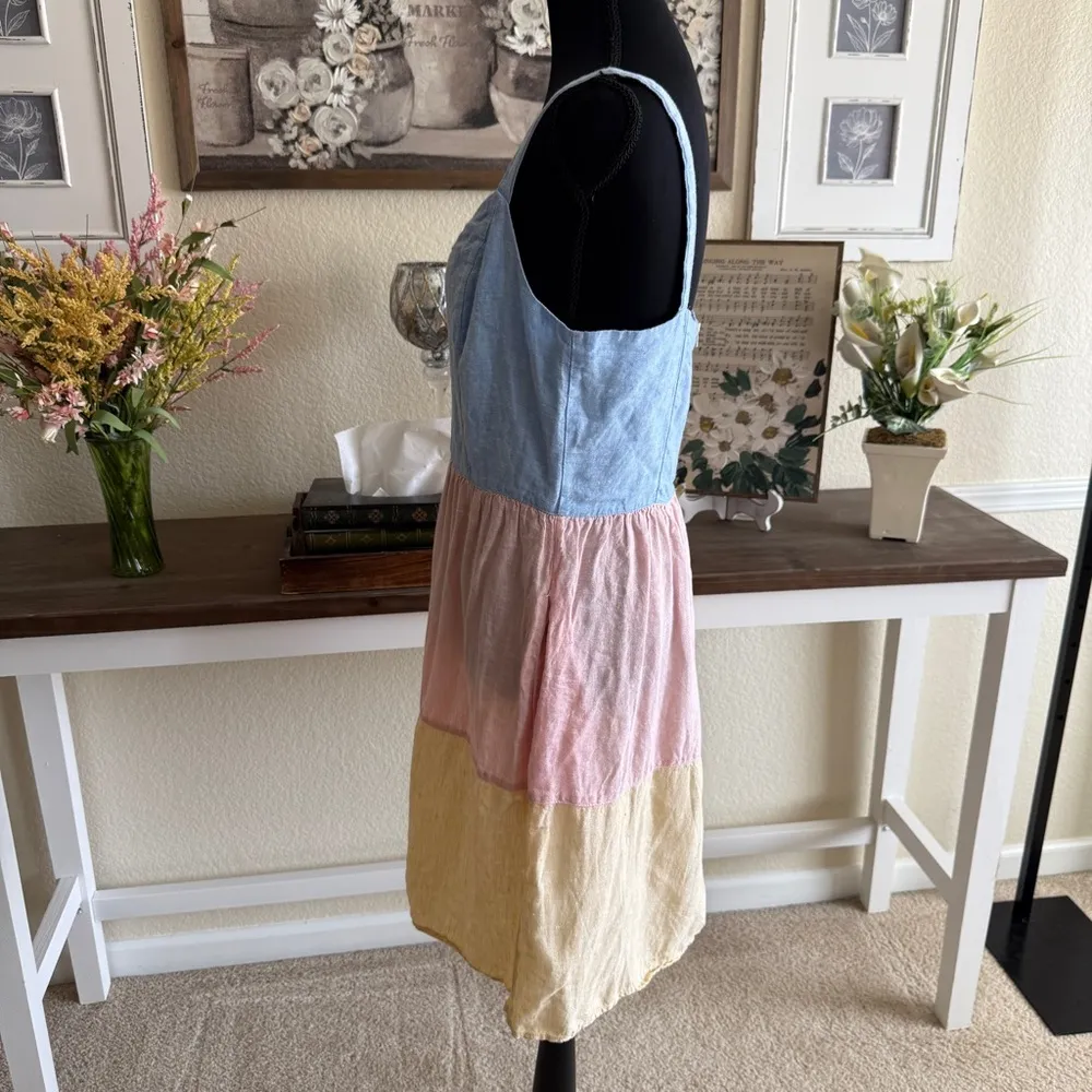 Colorblock Cottage Linen Sundress Cynthia Rowley Medium Blue Pockets Midi Dress - Image 6