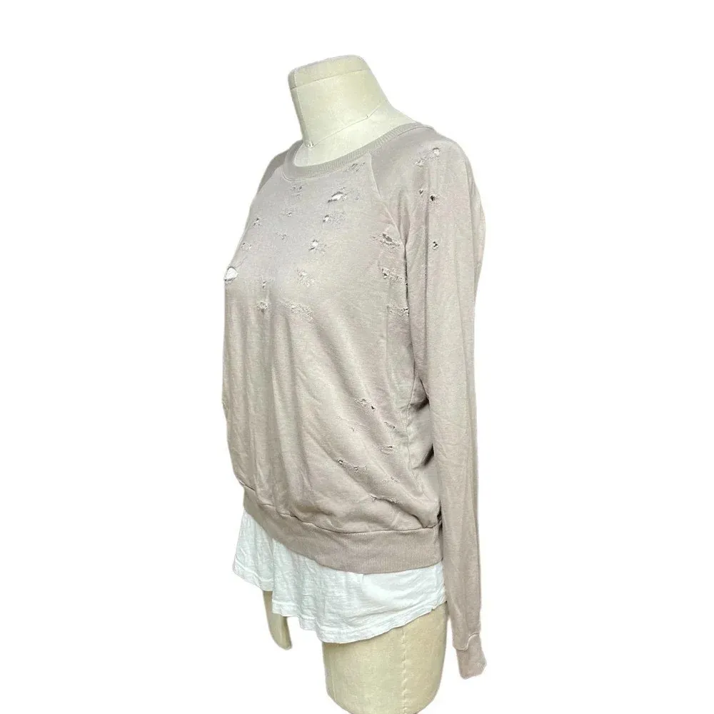 Monrow Distressed Double Layer Sweatshirt Fawn White‎ Size Medium Tan - Image 5