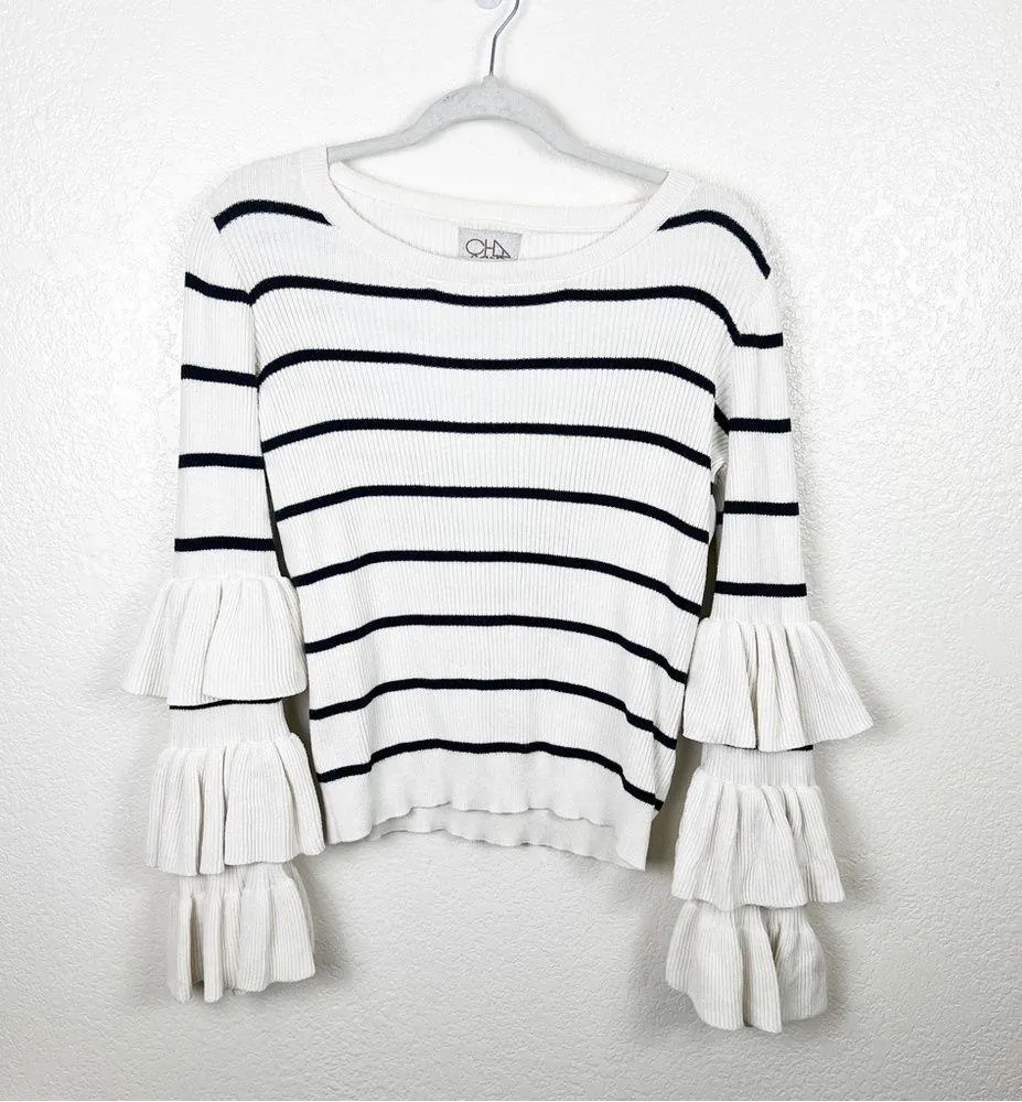 Chaser Ribbed Navy Cream Striped Tiered Ruffle Sleeve Sweater Cotton Size Medium - Image 3