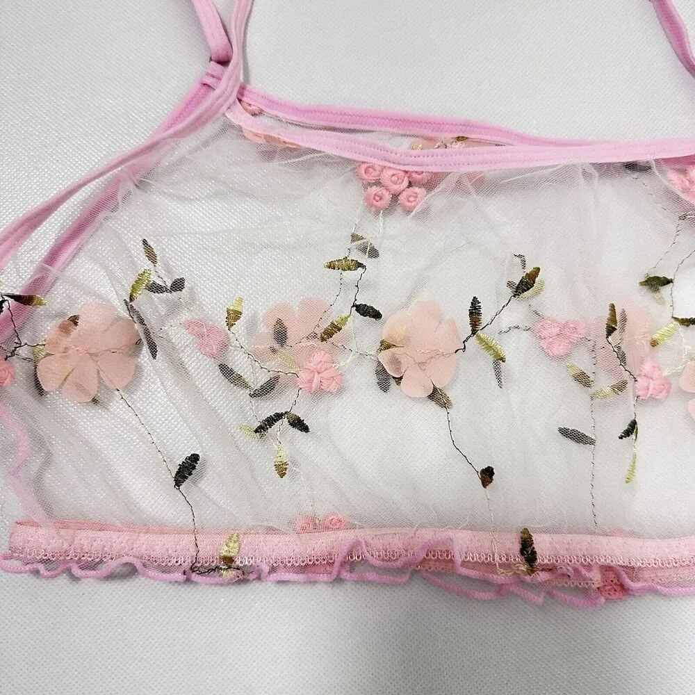 Coquette Bralette Top Lace Sheer Mesh Pink Embroidered Sexy Babydoll Lingerie L - Image 2