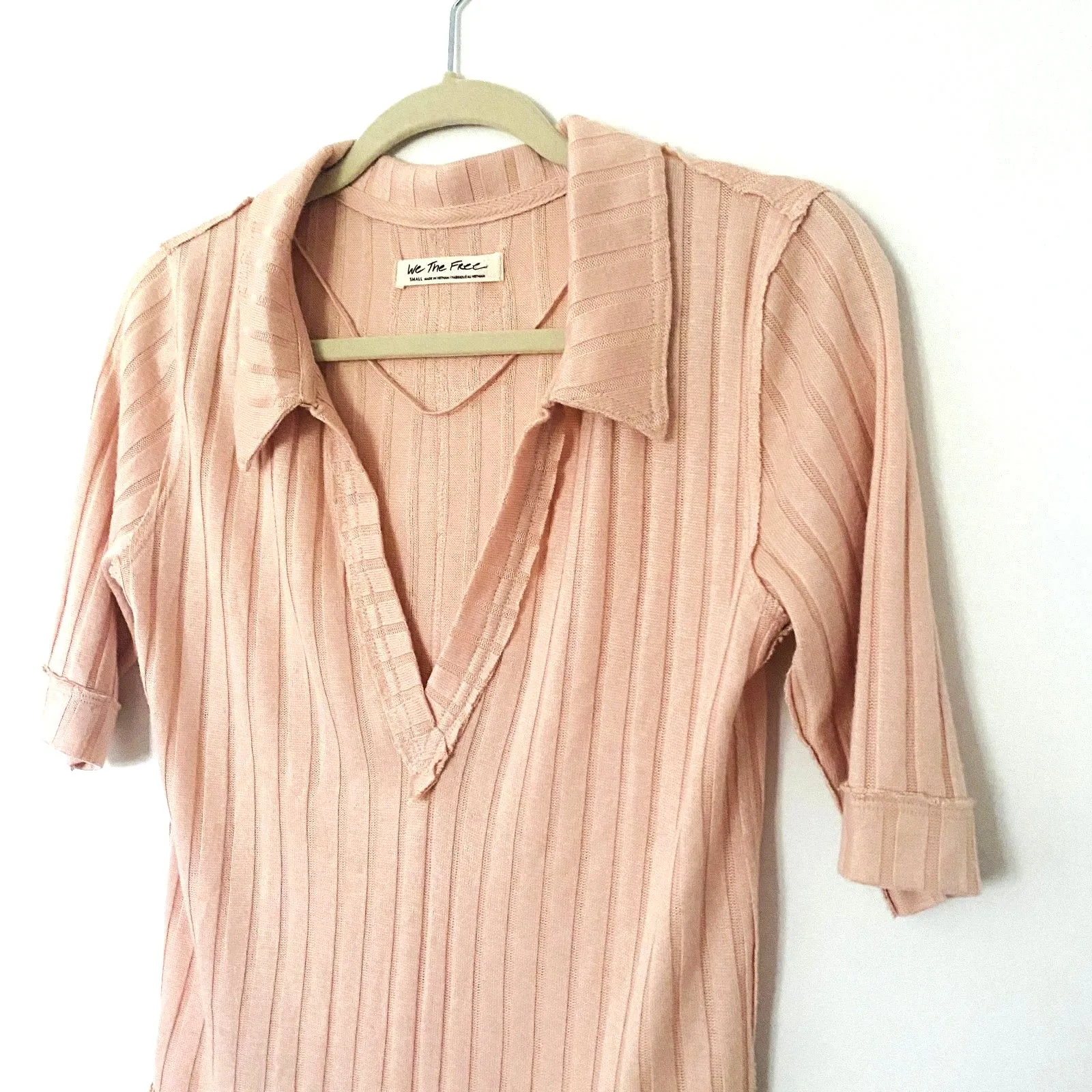 Free People We The Free Peach Krystal Ribbed Elbow Sleeve Collared Polo Shirt S - Image 9