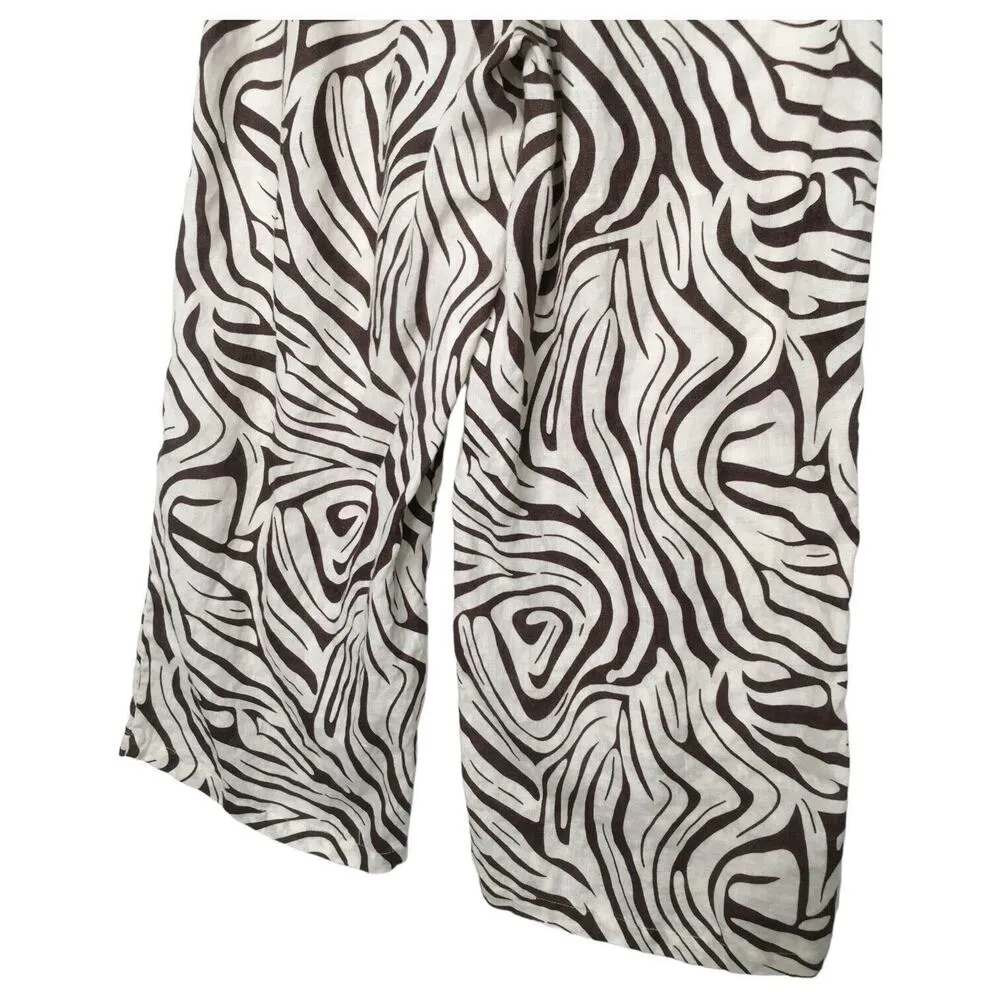 Tahari Pants Womens S Linen Cropped Wide Leg Geometric Beachy Cream Brown - Image 8