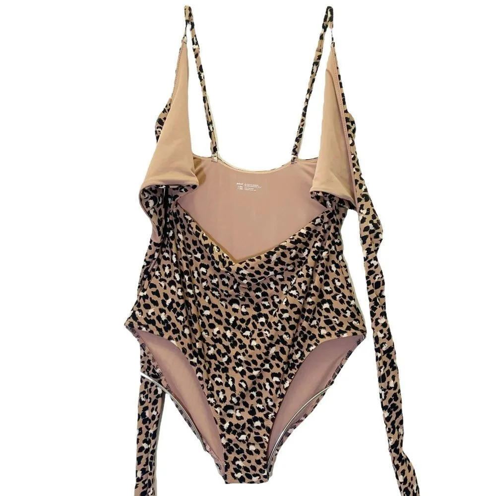 NWT Aerie Leopard Print Wrap Top One Piece CutOut Swimsuit Mocha Size Small Long - Image 9