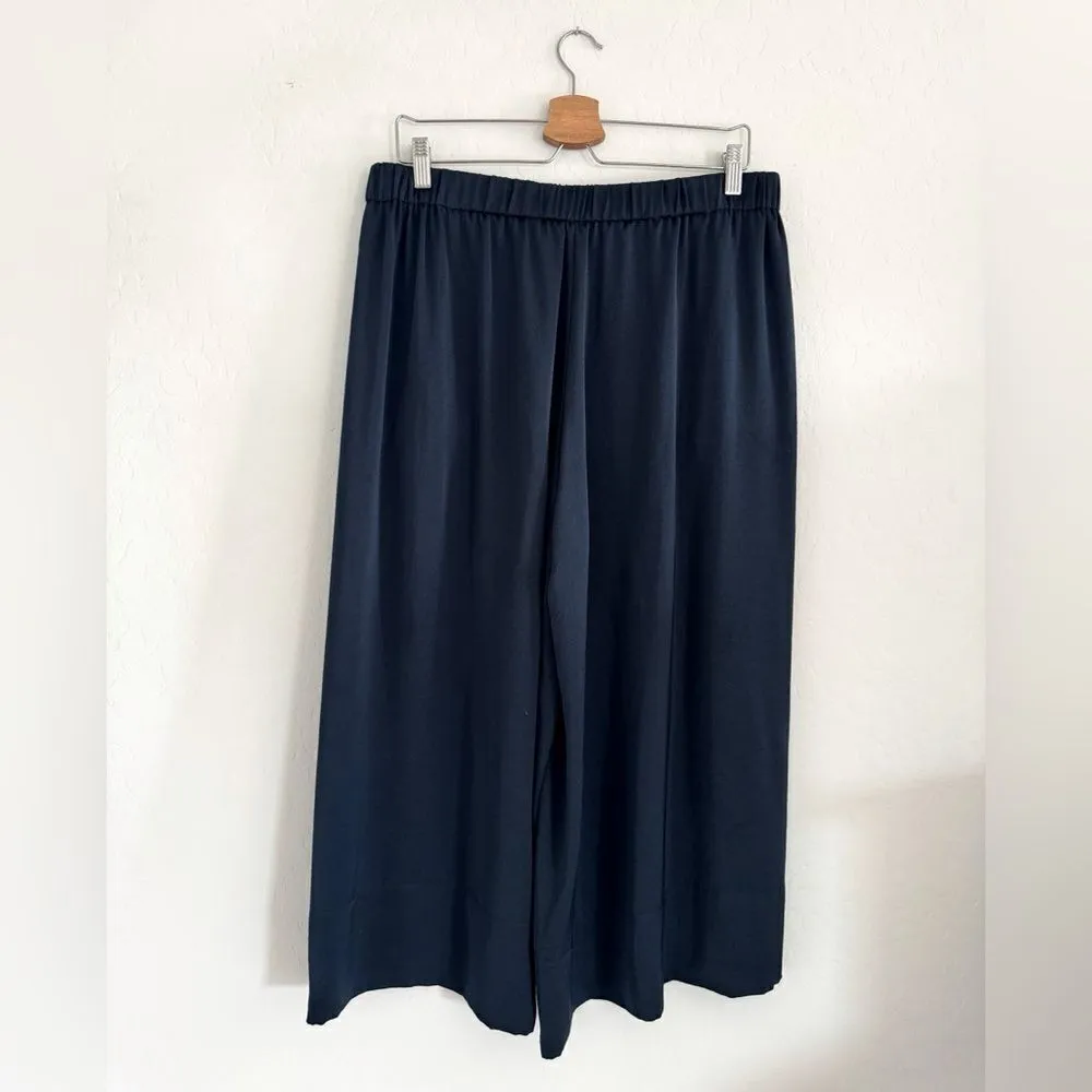NEW Vince Navy Blue Silk Satin Effect Wide Leg Crop Pants Culottes Size L - Image 5