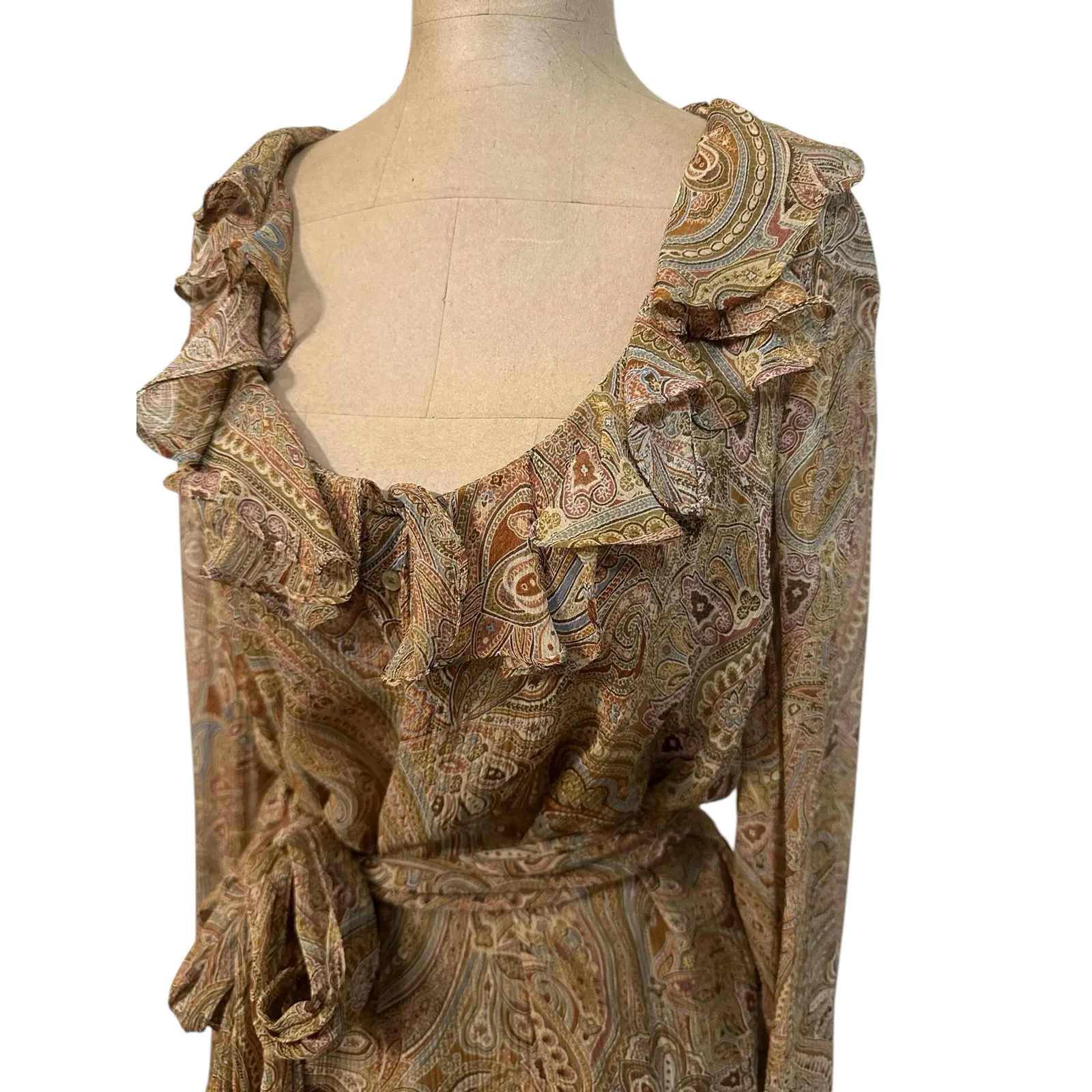 Lauren Ralph Lauren Blouse Brown Sheer Floral Silk Ruffle Paisley Print - Image 7