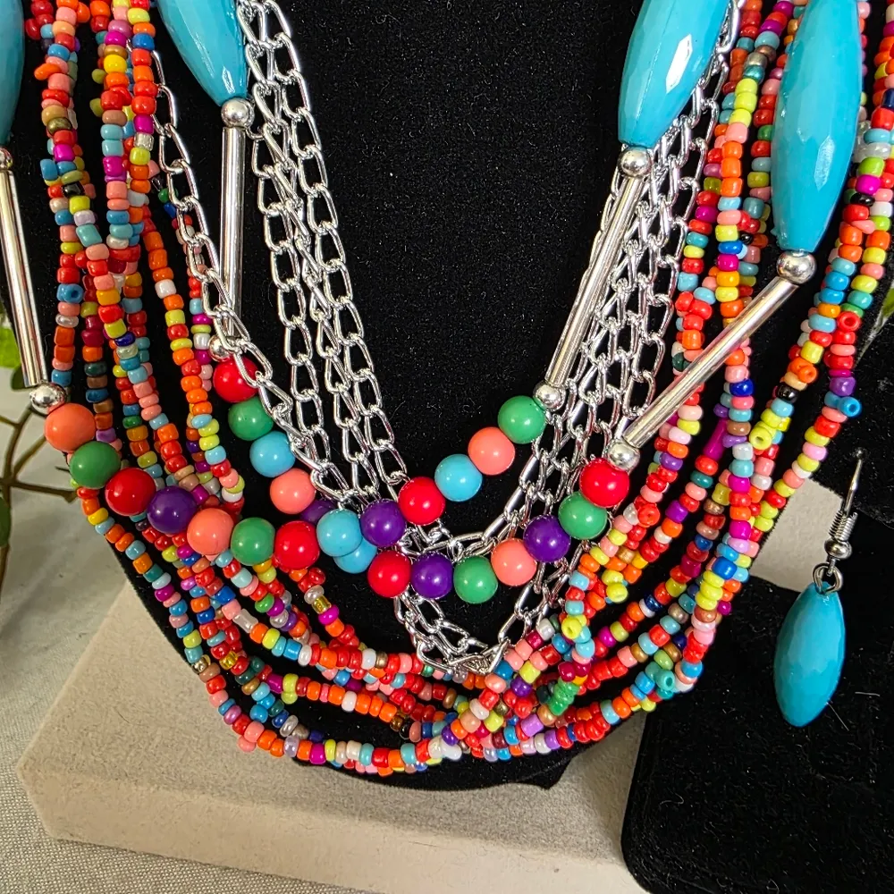 Boho Multi Strand Necklace with Matching Earrings Set Red - Image 5