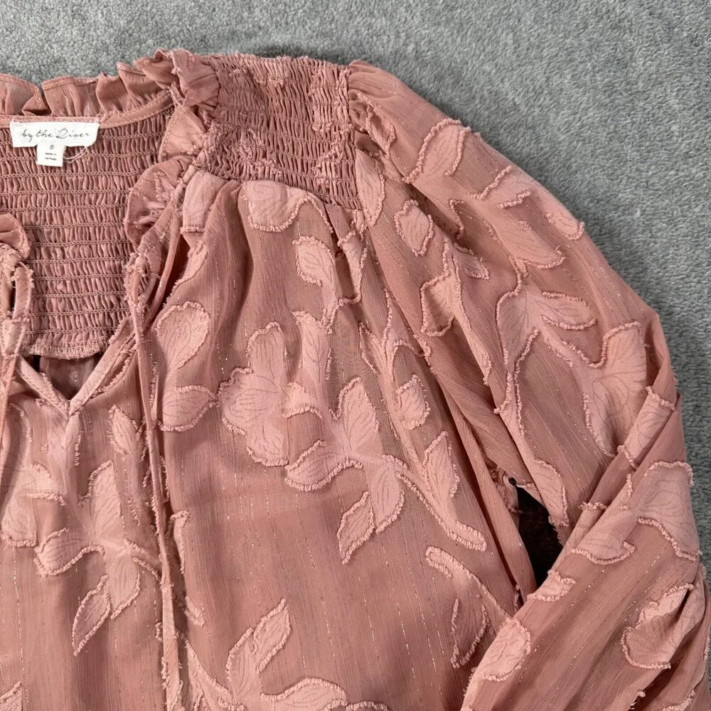 By the River Rose Pink Gold Metallic Ruffle Floral Blouse Sheer Size Small VNeck - Image 4