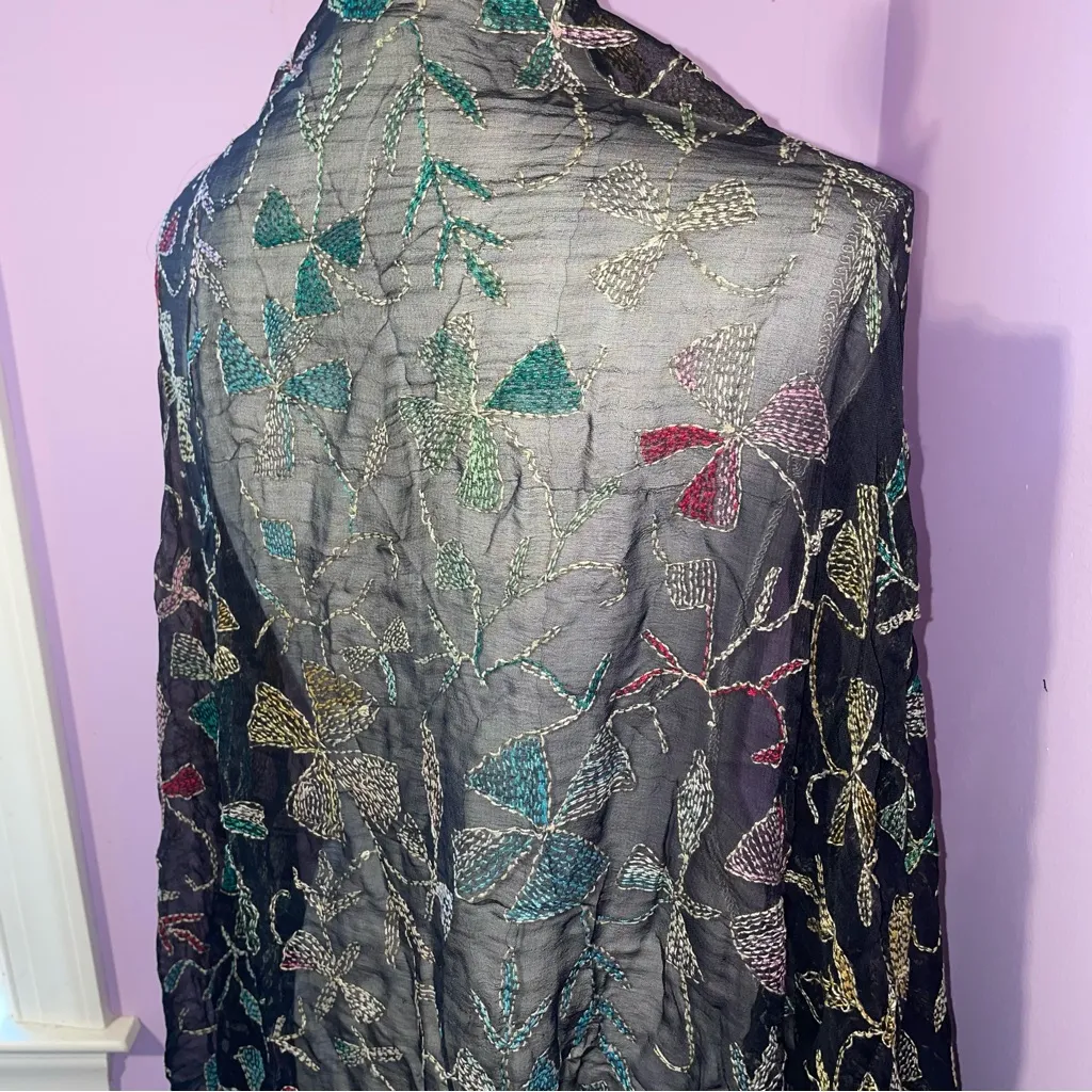 Embroidered Chiffon Georgette Large Scarf Rainbow Boho Preppy Eclectic Artsy Black - Image 5