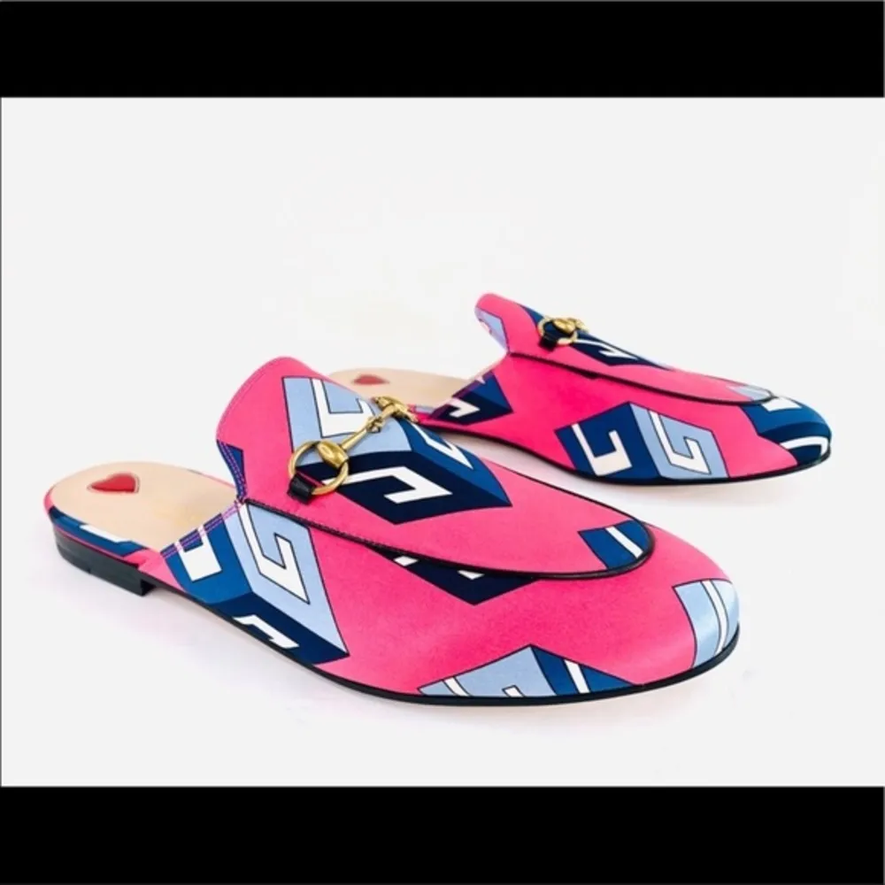 Gucci  Princetown Horsebit Satin Geometric Wallpaper Mule 432773 Slippers Size 37 - Image 3