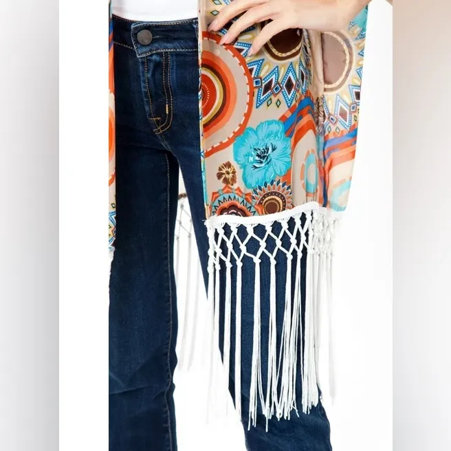 Mark White Multicolored Floral Print Fringe Kimono Yellow Size undefined - Image 3