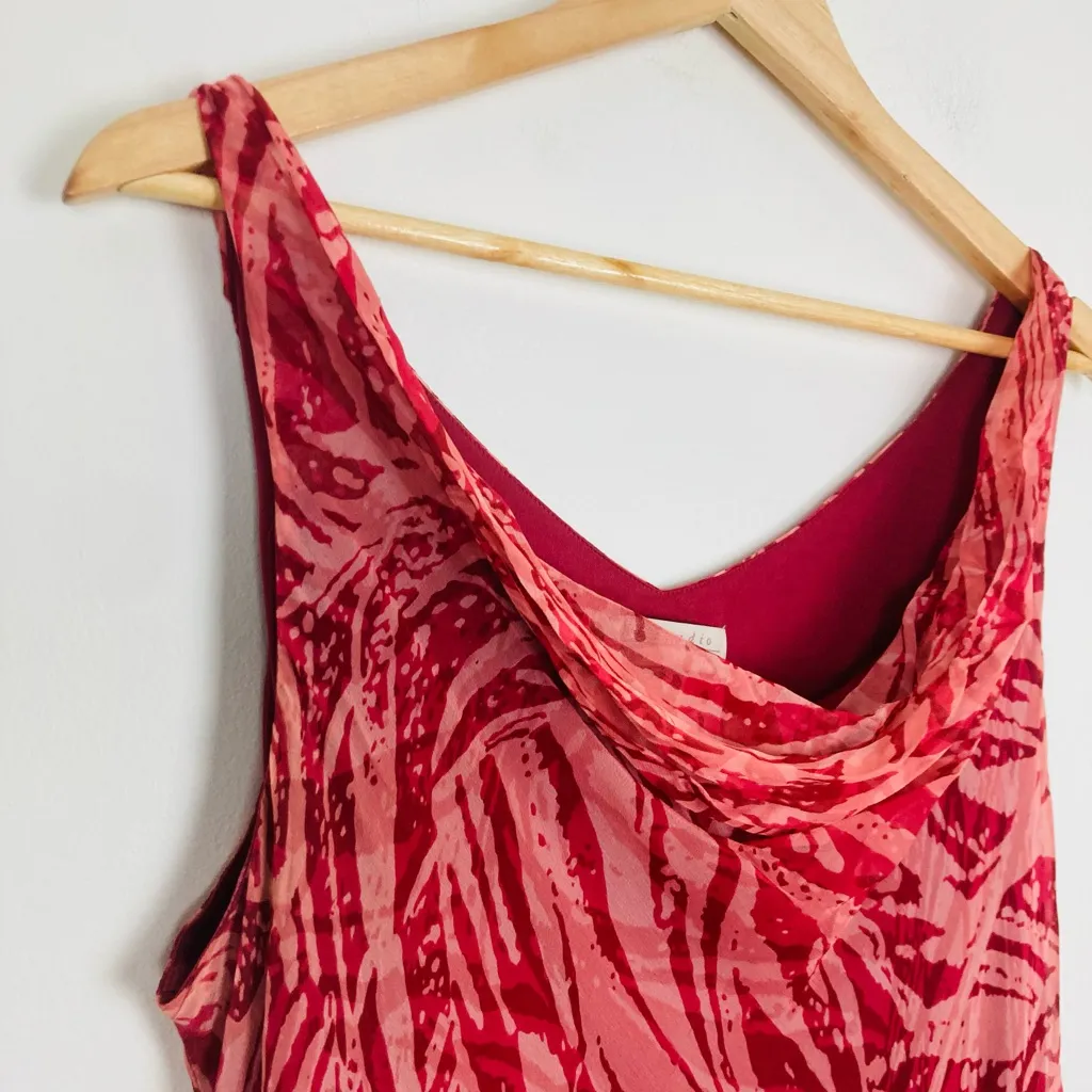 Vintage 90s/Y2K silk cowl neck bias cut asymmetric hem midi dress in red & rose. Size 12 - Image 2