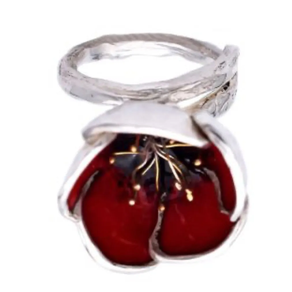 Poppy Flower Ring Earring Set Sterling Silver Adjustable Red Enameled Metal Art - Image 6