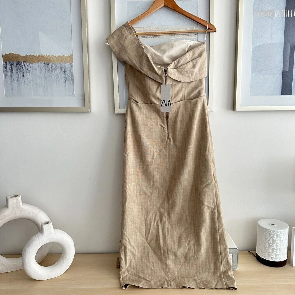 Zara Midi Slip Dress Womens Small Asymmetrical Taupe Neutral Sheath 3265/332 - Image 5