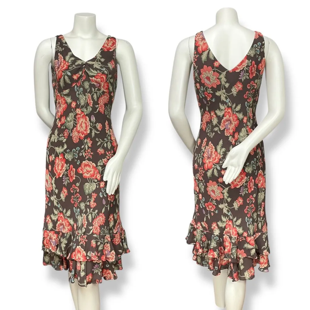 Jones New York Bias Cut Dress Silk Floral ALTERED V-Neck Women Flirty Brown Pink - Image 2