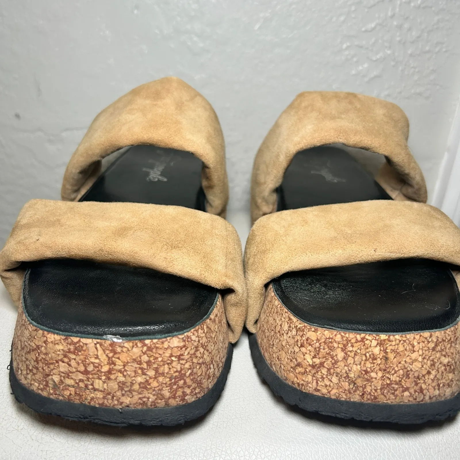 Free People‎ Fairmont Women's 8 Platform Slide Sandals Suede Cork Beige Size 38 - Image 2