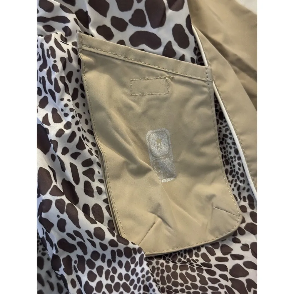 Women's Jacket Sz Medium Rain Hooded Beige Canvas  Pockets Leopard - Image 3