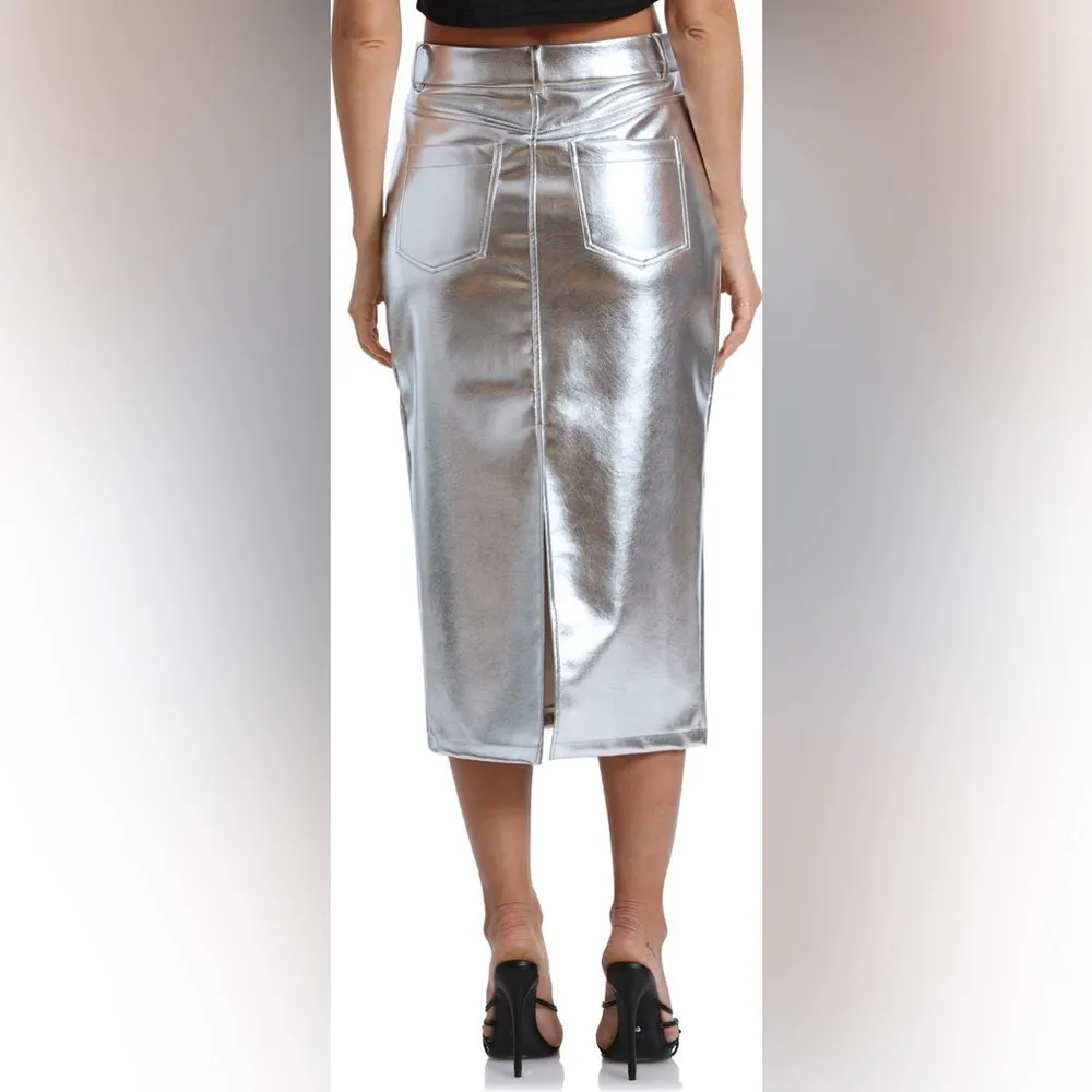 Avec Les Filles High Waist Faux Leather Midi Skirt - Size M‎ - Silver - NWT - Image 2