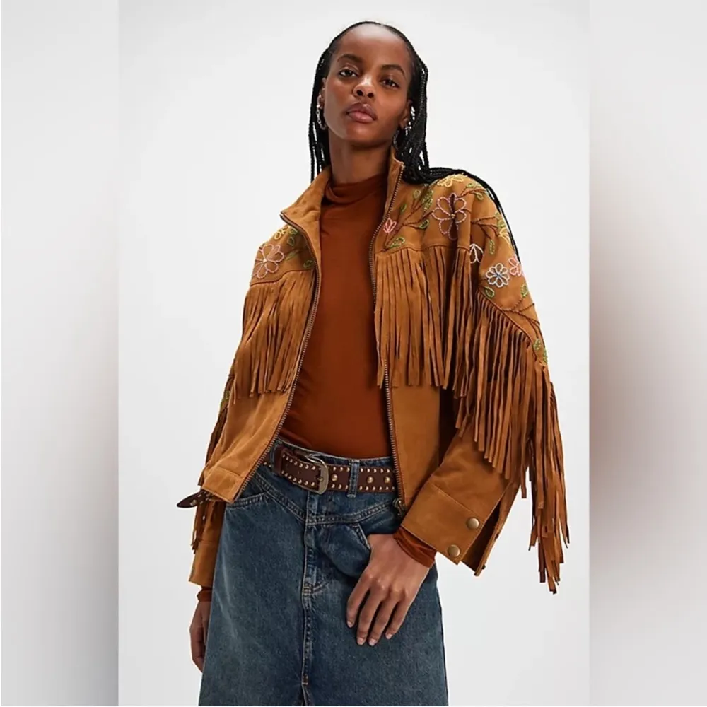 Free People Willa Western Bomber Tan Leather Jacket with Fringe Embroidery - Image 3
