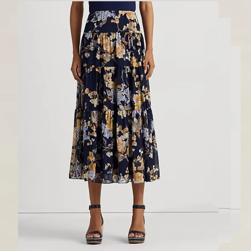 Ralph Lauren Floral Crinkle Georgette Tiered Maxi Midi Skirt Navy Cream Size 00 - Image 3