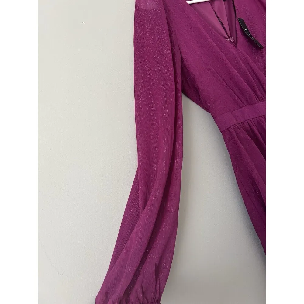 Lulus New Purple Magenta Metallic Sheer Long Sleeve Mini Dress Size Medium Party - Image 12