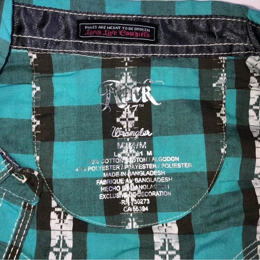 Rock 47 Wrangler Cowgirl Western Snap Front Shirt Size M Rodeo Embroidered Blue - Image 4