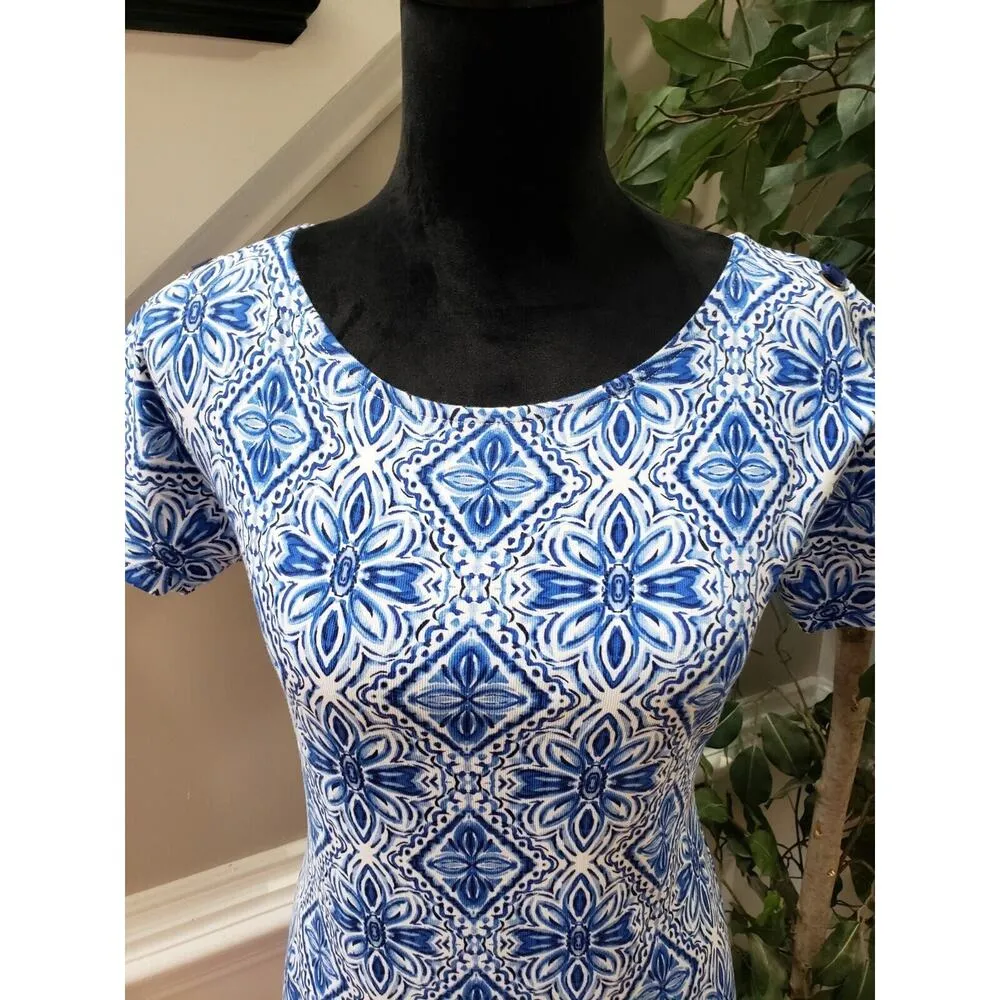 Rafaella Women's Blue & White Cotton Round Neck Short Sleeve Knee Length Dress S - Image 5