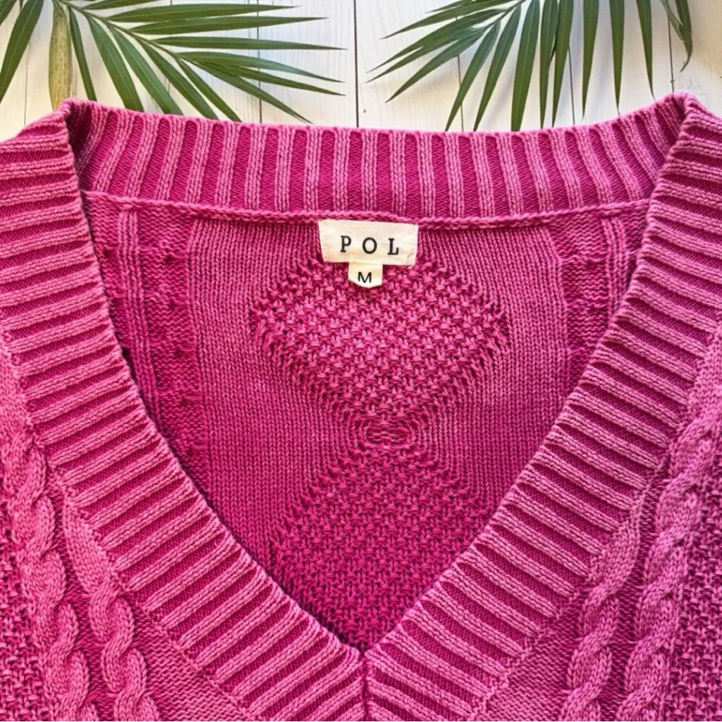 POL Medium Hot Pink Cable Knit V-Neck Sweater – Flamingo Vintage Washed Look - Image 11